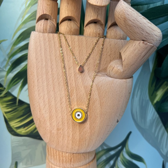 Evil Eye Minimalist Layered Necklace - Pop-of-Color Gold Preppy Necklace - Picture 15 of 17